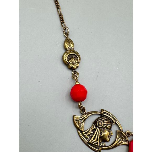 Vintage Sadie Green Antique Style Victorian Pendant Necklace with Red Glass - Picture 6 of 11